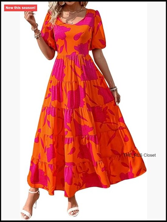 Dresses & Skirts - Puff Short Sleeve Scoop Neck Floral Maxi Dress with Tiered Hem